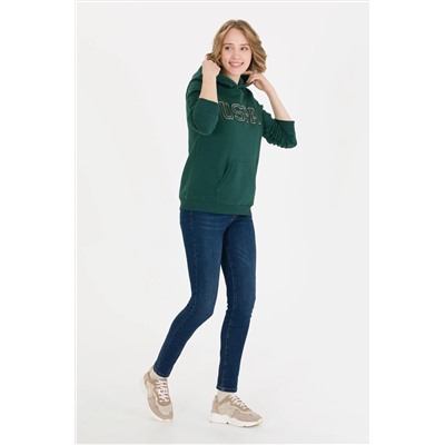 Kadın Yeşil Kapüşonlu Basic Sweatshirt
