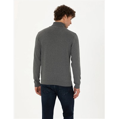 Gri Melanj Slim Fit Balıkçı Yaka Triko Kazak