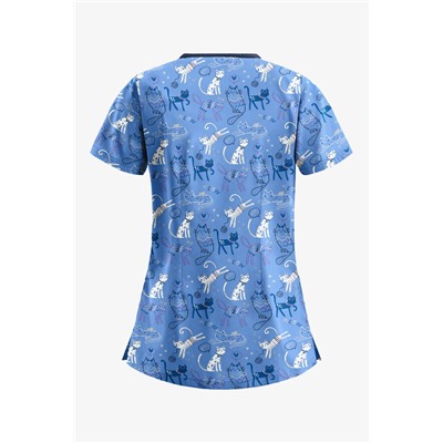 Butter-Soft Playful Cats Ceil Women's 3-Pocket Criss Cross Print Scrub Top