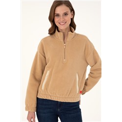 Kadın Kum Dik Yaka Fermuarlı Polar Sweatshirt