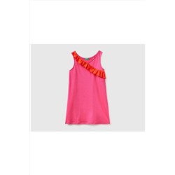 United Colors of Benetton Kız Çocuk Fuşya Viskoz Karışımlı Fırfır Detaylı Elbise Kırmızı Menekşe 623P3Q220V008