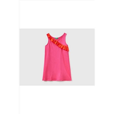 United Colors of Benetton Kız Çocuk Fuşya Viskoz Karışımlı Fırfır Detaylı Elbise Kırmızı Menekşe 623P3Q220V008