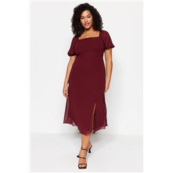 Bordo Dokuma Yırtmaçlı Elbise TBBSS22AH0012
