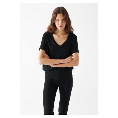 Mavi V Yaka Siyah Basic Tişört Loose Fit / Bol Rahat Kesim 166248-900