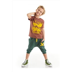 Denokids Cool Gang Erkek Çocuk Kahverengi T-shirt Haki Kapri Şort Takım CFF-22Y1-067