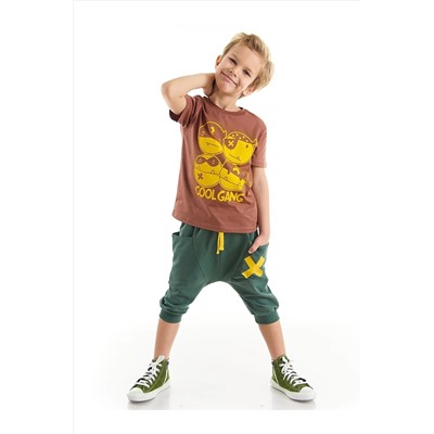 Denokids Cool Gang Erkek Çocuk Kahverengi T-shirt Haki Kapri Şort Takım CFF-22Y1-067