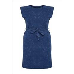 Indigo Kolları Vatklaı Kuşaklı Yıkamalı Örme Büyük Beden T-shirt Elbise TBBSS25AH00008