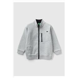 United Colors of BenettonErkek Çocuk Gri Melanj Yakası Fermuarlı Cep Detaylı Yarım Logolu Sweatshirt