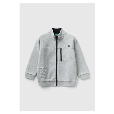 United Colors of BenettonErkek Çocuk Gri Melanj Yakası Fermuarlı Cep Detaylı Yarım Logolu Sweatshirt
