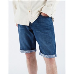 Printed Base Straight Fit Denim Shorts, Men, Dark Blue