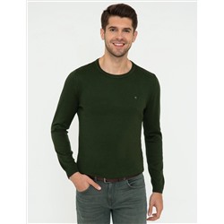 Yeşil Slim Fit Bisiklet Yaka Basic Triko Kazak