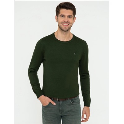 Yeşil Slim Fit Bisiklet Yaka Basic Triko Kazak