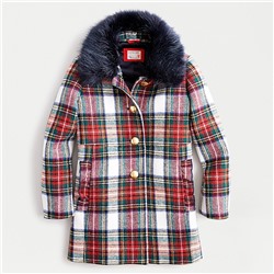 Girls' ruffle trim wool coat in snowy Stewart tartan