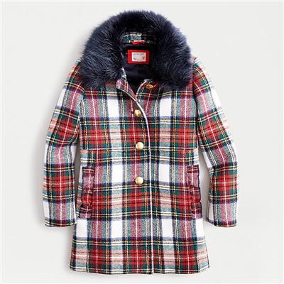 Girls' ruffle trim wool coat in snowy Stewart tartan