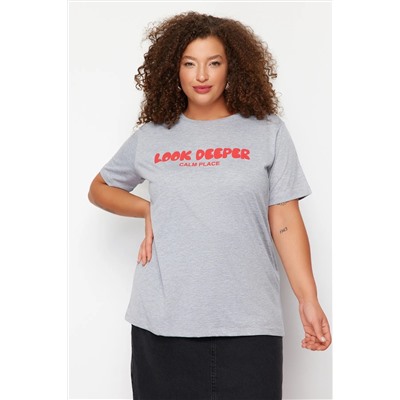 Gri Melanj Slogan Baskılı Boyfriend %100 Pamuk Örme Büyük Beden T-shirt TBBSS24BF00036
