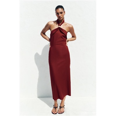 LINEN BLEND HALTER MIDI DRESS