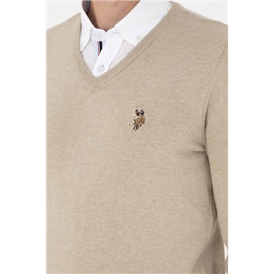Erkek Slim Fit V Yaka Haki Melanj Basic Kazak