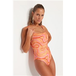 TRENDYOLMİLLA Soyut Desenli Kare Yaka Biyeli Regular Mayo TBESS22MA0173
