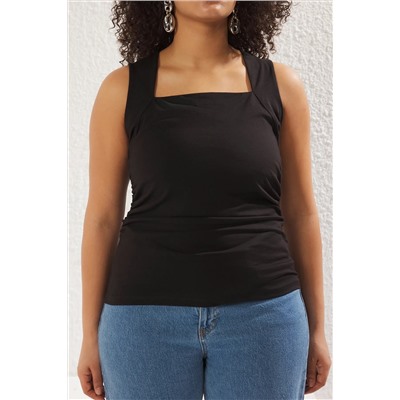 Siyah Düz Kare Yaka Askılı Büzgülü Fitted/Vücuda Oturan Esnek Örme Büyük Beden Bluz TBBSS25AF00027