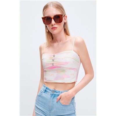 Crop top de seda Crudo y rosa