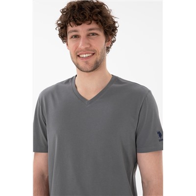 Erkek Regular Fit  V Yaka Antrasit Basic Tişört