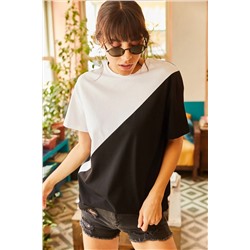 Olalook, Kadın Beyaz Asimetrik Bloklu T-shirt TSH-19000350