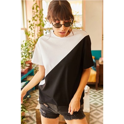 Olalook, Kadın Beyaz Asimetrik Bloklu T-shirt TSH-19000350