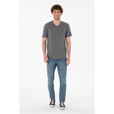 Erkek Regular Fit  V Yaka Antrasit Basic Tişört