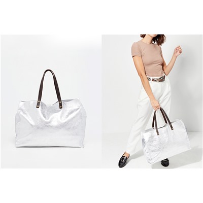 Bolso shopper y neceser de piel Nary Plateado