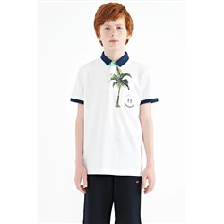 TOMMY LIFE, Beyaz Baskılı Cep Detaylı Standart Kalıp Polo Yaka Erkek Çocuk T-shirt - 11144