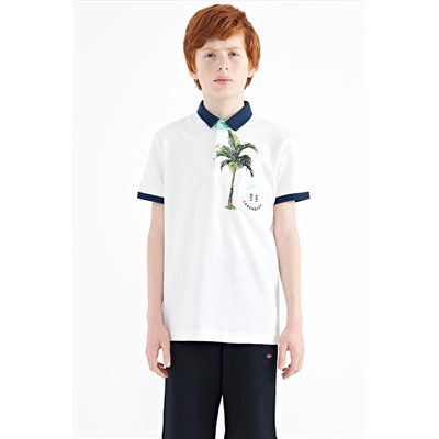 TOMMY LIFE, Beyaz Baskılı Cep Detaylı Standart Kalıp Polo Yaka Erkek Çocuk T-shirt - 11144