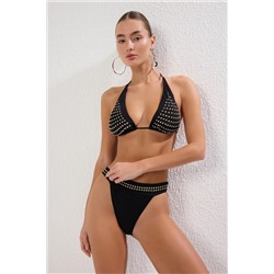 TRENDYOLMİLLA Siyah Üçgen Taş Baskılı Regular Bikini Takımı TBESS25BT00094