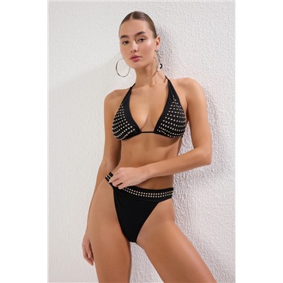 TRENDYOLMİLLA Siyah Üçgen Taş Baskılı Regular Bikini Takımı TBESS25BT00094