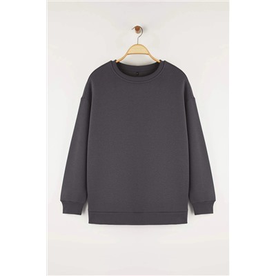 Antrasit Oversize/Bol Kesim Basic Bisiklet Yaka Kalın/İçi polarlı Örme Sweatshirt TBBAW25AO00008