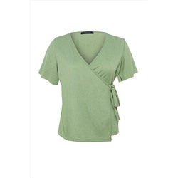 Koyu Mint Kruvaze Bağlama Detaylı Örme Bluz TBBSS23AH00126
