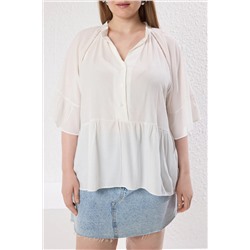 Beyaz Kısa Kol Peplum Dokulu Dokuma Büyük Beden Gömlek TBBSS25AF00044