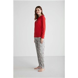 U.S. Polo Assn. Kadın Pamuklu Lacivert & Gri Yılbaşı Desenli Düz Paça Yuvarlak Yaka 2'li Pijama Takımı 26965