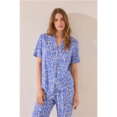 Pijama camisero largo print flores azul