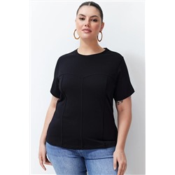 Siyah Biye Detaylı %100 Pamuk Örme T-shirt TBBSS24BF00021