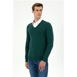 Erkek Slim Fit V Yaka Koyu Yeşil Basic Kazak