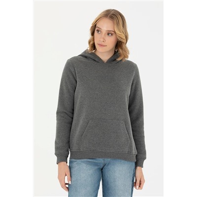 Kadın Antrasit Melanj Kapüşonlu Basic Sweatshirt