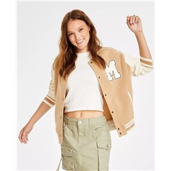 HIPPIE ROSE Juniors' Faux-Leather-Sleeve Snap-Front Varsity Bomber Jacket
