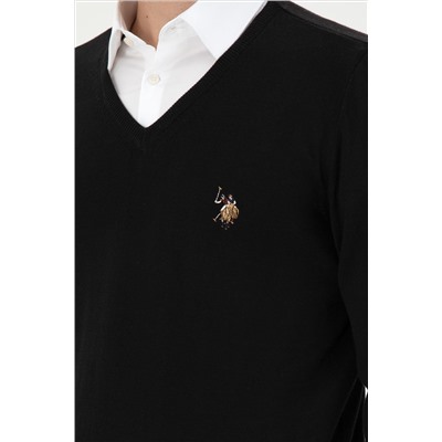 Erkek Slim Fit V Yaka Siyah Basic Kazak