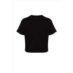 Siyah Bisiklet Yaka Dikiş Detaylı %100 Pamuk Örme Crop T-Shirt TBBSS23BF00037