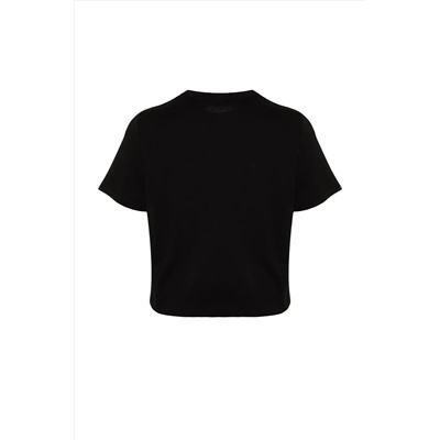 Siyah Bisiklet Yaka Dikiş Detaylı %100 Pamuk Örme Crop T-Shirt TBBSS23BF00037