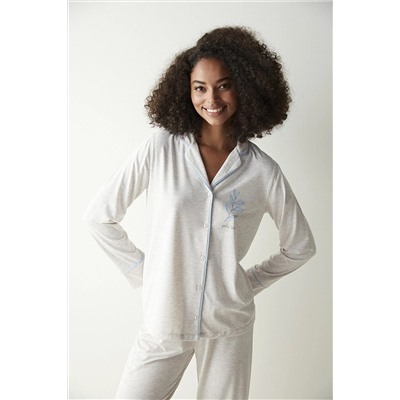 Penti Kadın Maye Solid Bej Gömlek Pantolon Pijama Takımı PNZQ8R0T23SK-BEM,22,9 dgn
