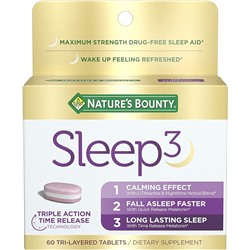 Nature's Bounty Sleep3 Melatonin 10mg, Maximum Strength 100% Drug Free Sleep Aid, Dietary Supplement, L-Theanine & Nighttime Herbal Blend Time Release Technology, 60 Tri-Layered Tablets