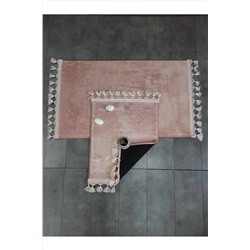 Saroni Elite Pudra Pembe Ponpon Saçaklı Peluş 2'li Banyo Paspası Halısı Kaymaz Taban Klozet Takımı Püsküllü SRN-ELİTE-PNPSÇKBP-2Lİ