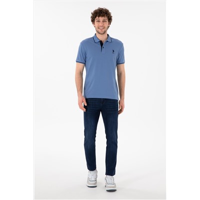 Erkek Slim Fit Polo Yaka Koyu Mavi Basic Tişört