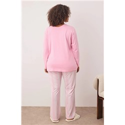 Pembe %100 Pamuklu Çizgili Örme Büyük Beden Pijama Takımı TBBAW26AI00014